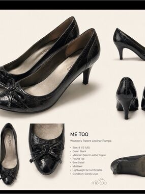 me too Black Patent Leather Mid-Heel Pumps with Bow